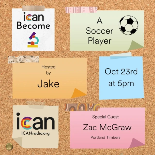 ICAN Become returns October 23rd!

The new season kicks-off in style with Zac McGraw, from the Portland Timbers. 
Youth host, Jake, has his sights set on playing for his home team, and talks to Zac about all the skills it takes to become the next soccer superstar.

Tune in to icanradio.org on October 23rd at 5 PM PT to hear their conversation and find all the previous sixteen episodes of ICAN Become on-demand.