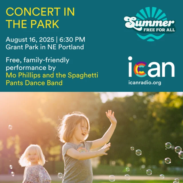 We're excited to partner with @portlandparks again this year for their annual FREE Concert in the Park.

Join us at Grant Park (NE 33rd Avenue & US Grant Place, Portland, OR 97212) at 6:30 PM on Saturday, August 16, 2025, for a laugh-out-loud dance party with Mo Phillips and the Spaghetti Pants Dance Band. @themophillips

Learn more at icanradio.org.